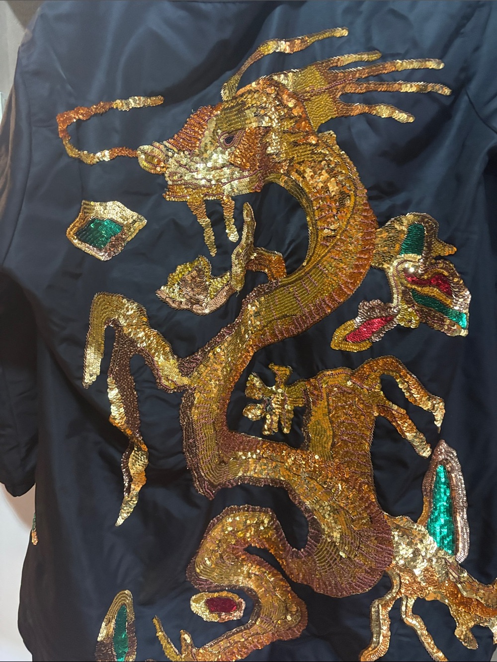 Valentino Black Bomber Jacket with Gold, Red and Green Sequin Patches - Picture 2 of 5
